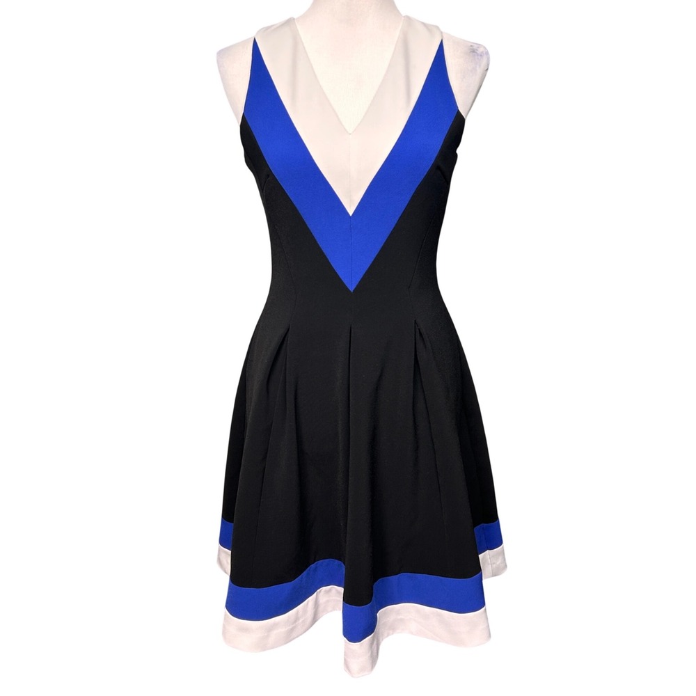 H&M Fit & Flare Dress Womens 8 Black Blue White Colorblock Mod Mini Cheerleader